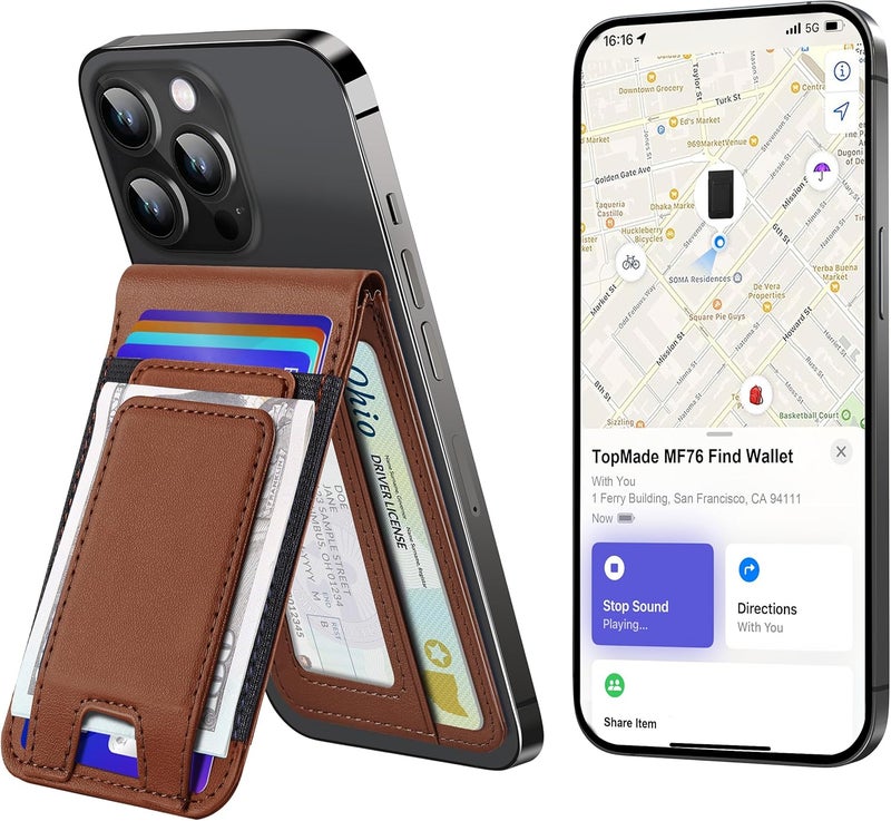 TopMade for MagSafe Wallet Stand with Money Clip, Works with Apple Find My, Magnetic Wallet for iPhone 17/16/15/14/13/12 Series, for iPhone Wallet with Finder Tracker, Brown(Black Elastic Band) - Image 1